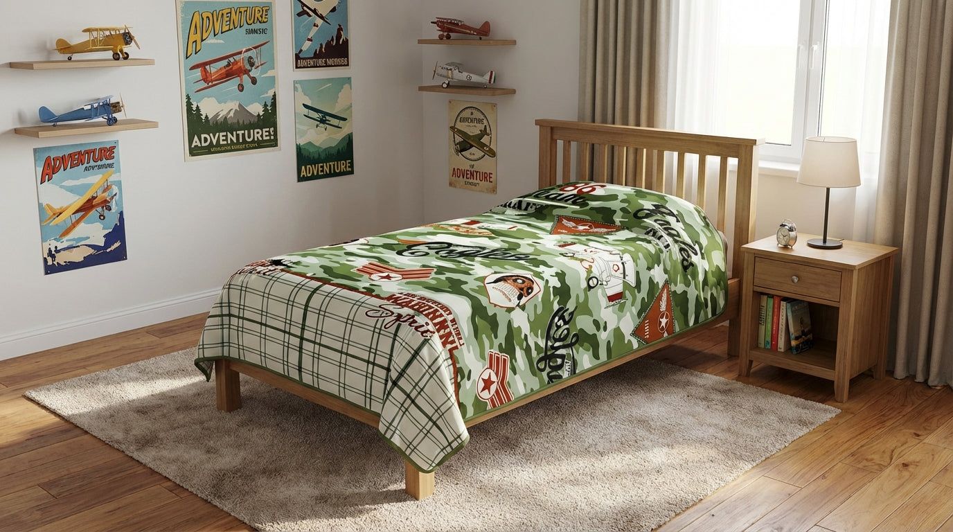 Children's bedroom with a bed featuring a green and brown patterned comforter, wooden nightstand, and posters on the wall.