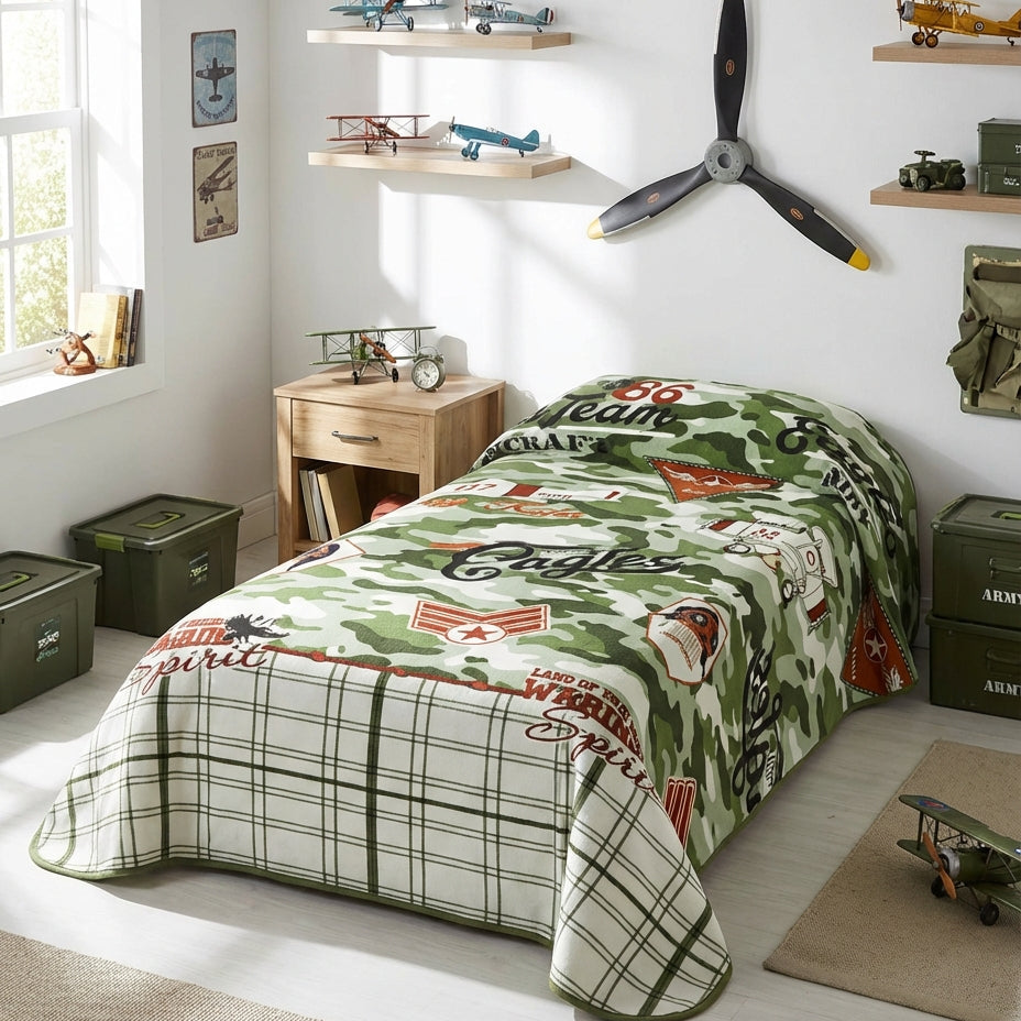 Children's bedroom with a green and white patterned bedspread, shelves with toys, and a propeller on the wall.