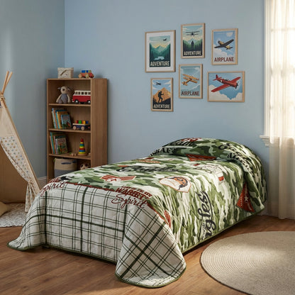 Children's bedroom with airplane-themed bedding and decor