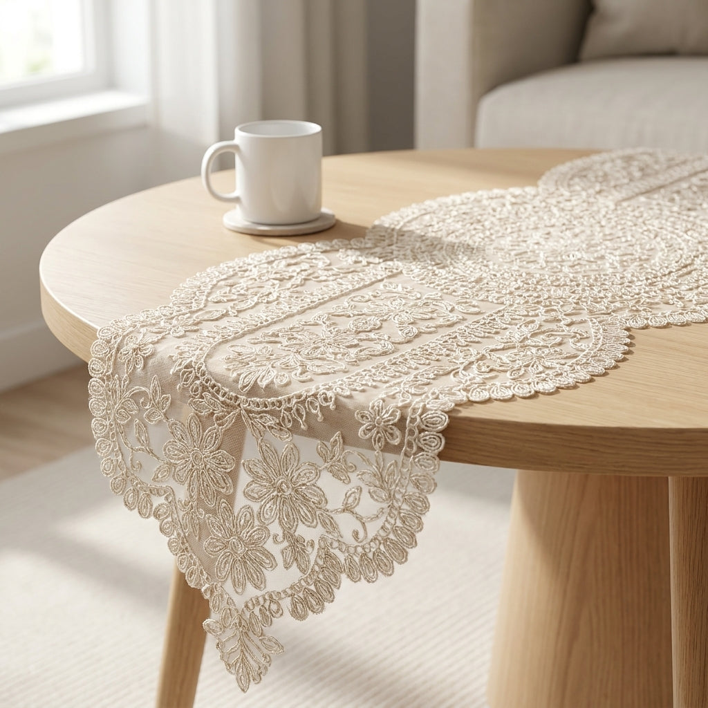 مفرش سفرة وصالون تركي ملكي بالجوبير الفرنسي-اوف وايت- 5 قطع