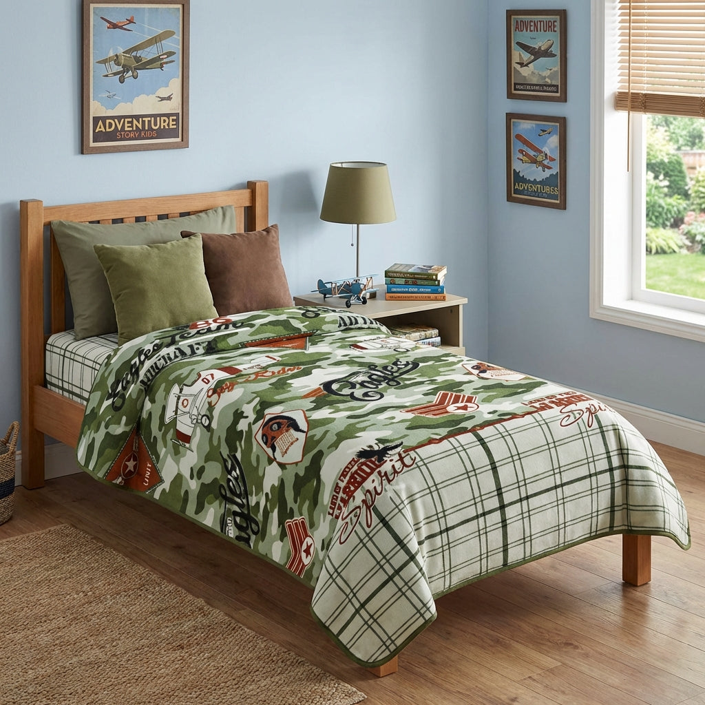 Bedroom with wooden bed, green plaid comforter, and posters on light blue walls.