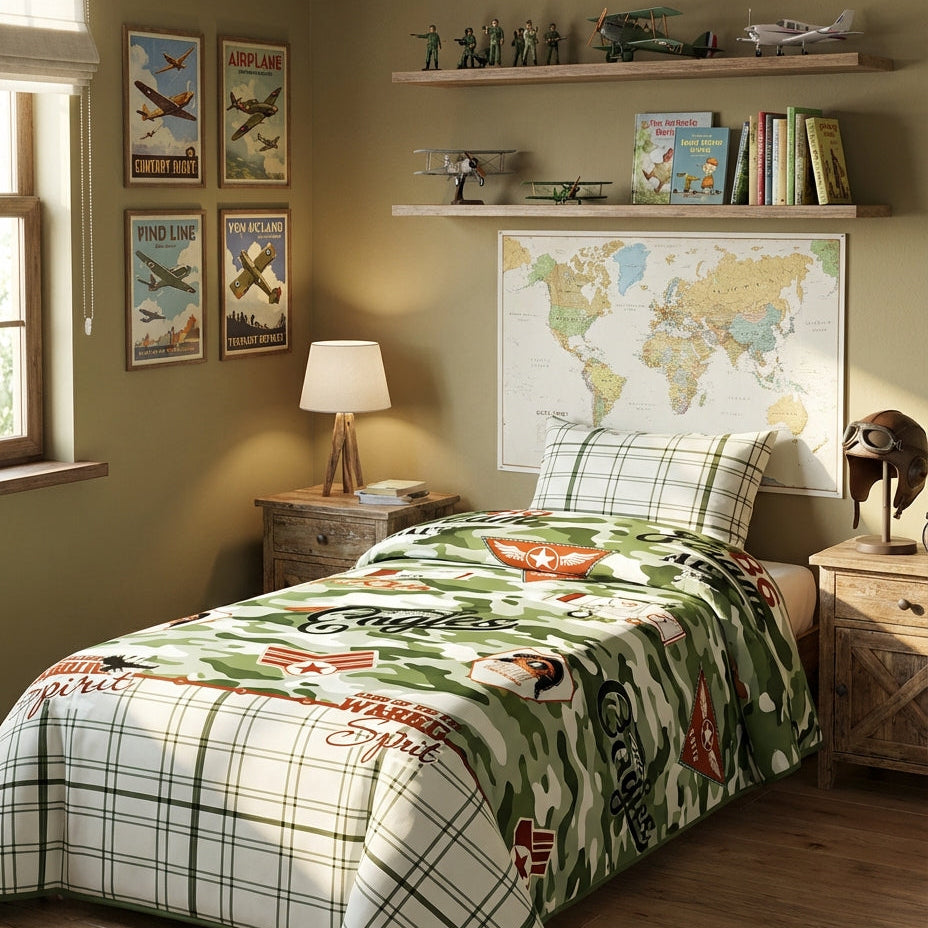 Children's bedroom with airplane-themed bedding and decor