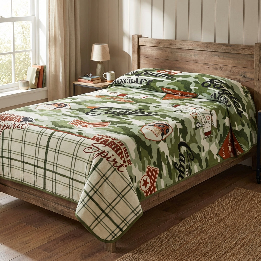 Bed with a camouflage-themed comforter in a bedroom setting